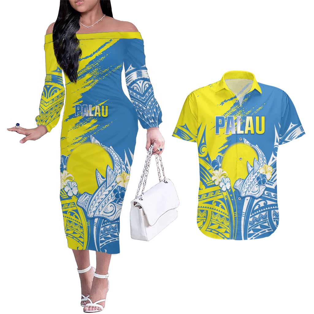 Palau Independence Day Couples Matching Off The Shoulder Long Sleeve Dress and Hawaiian Shirt Happy 30th Anniversary