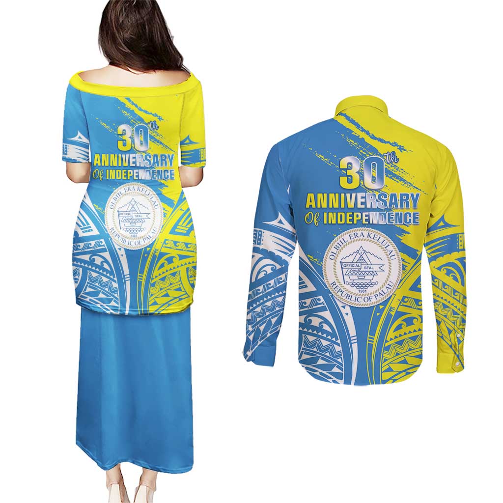 Palau Independence Day Couples Matching Puletasi and Long Sleeve Button Shirt Happy 30th Anniversary