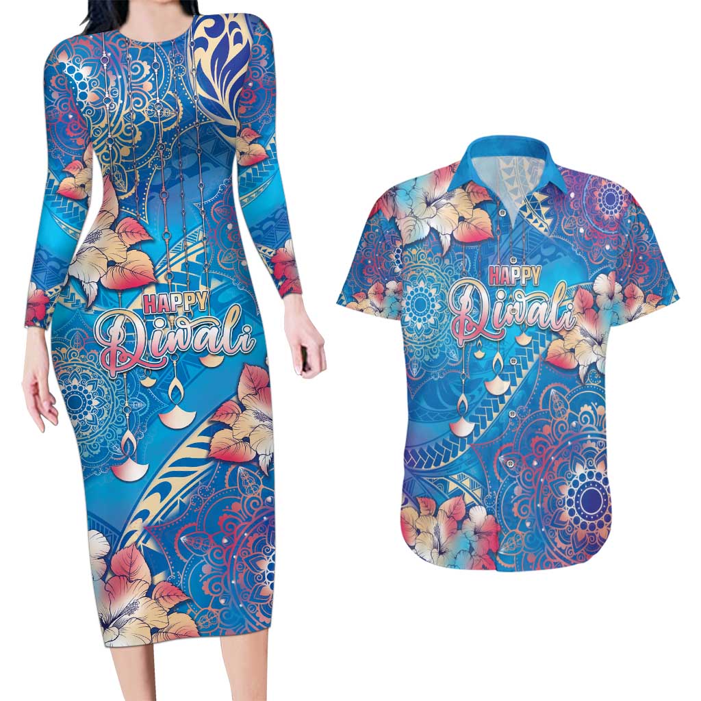 Happy Diwali Festival Couples Matching Long Sleeve Bodycon Dress and Hawaiian Shirt Diya Lamp Rangoli With Polynesian Pattern