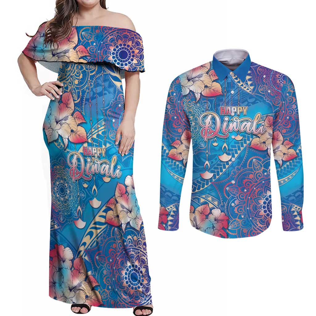 Happy Diwali Festival Couples Matching Off Shoulder Maxi Dress and Long Sleeve Button Shirt Diya Lamp Rangoli With Polynesian Pattern LT05 Blue - Polynesian Pride