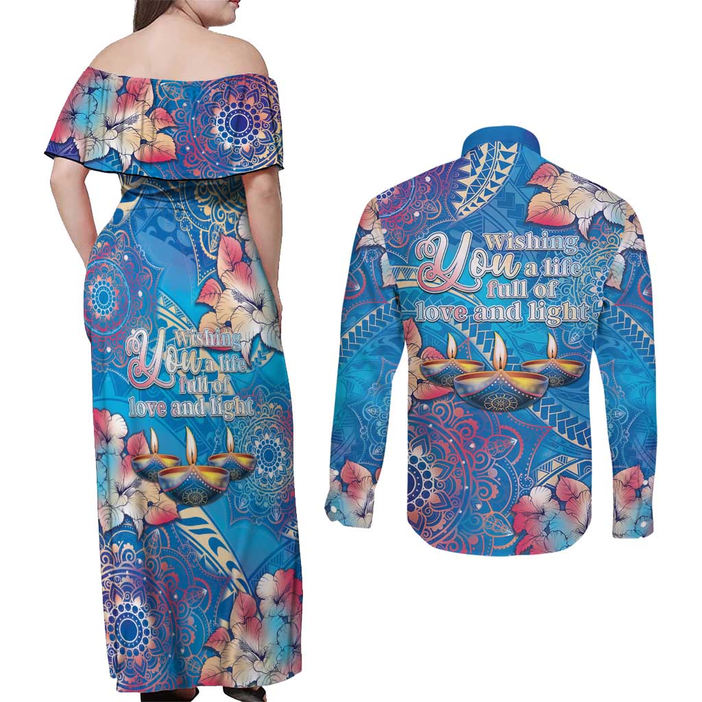 Happy Diwali Festival Couples Matching Off Shoulder Maxi Dress and Long Sleeve Button Shirt Diya Lamp Rangoli With Polynesian Pattern LT05 - Polynesian Pride