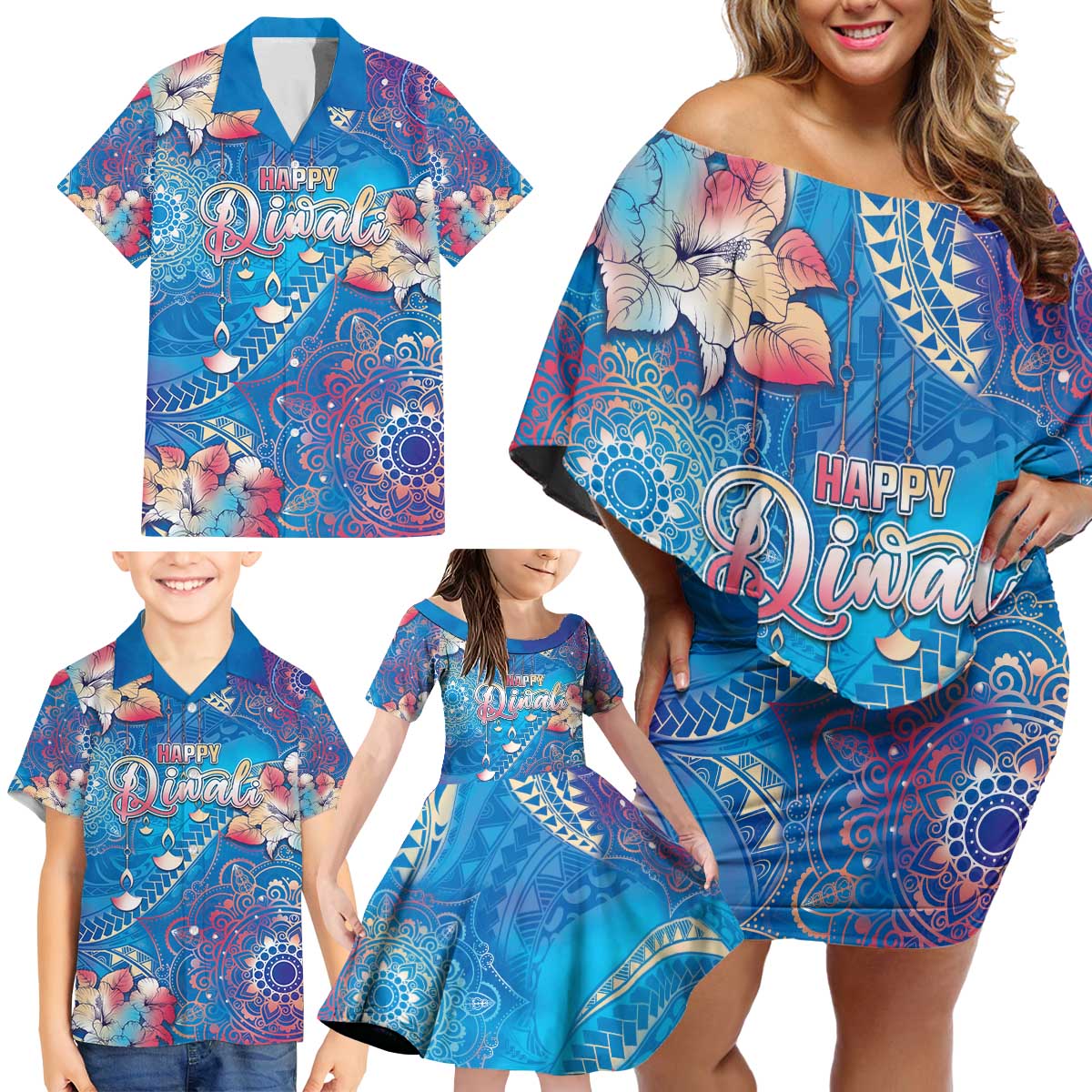 Happy Diwali Festival Family Matching Off Shoulder Short Dress and Hawaiian Shirt Diya Lamp Rangoli With Polynesian Pattern LT05 - Polynesian Pride