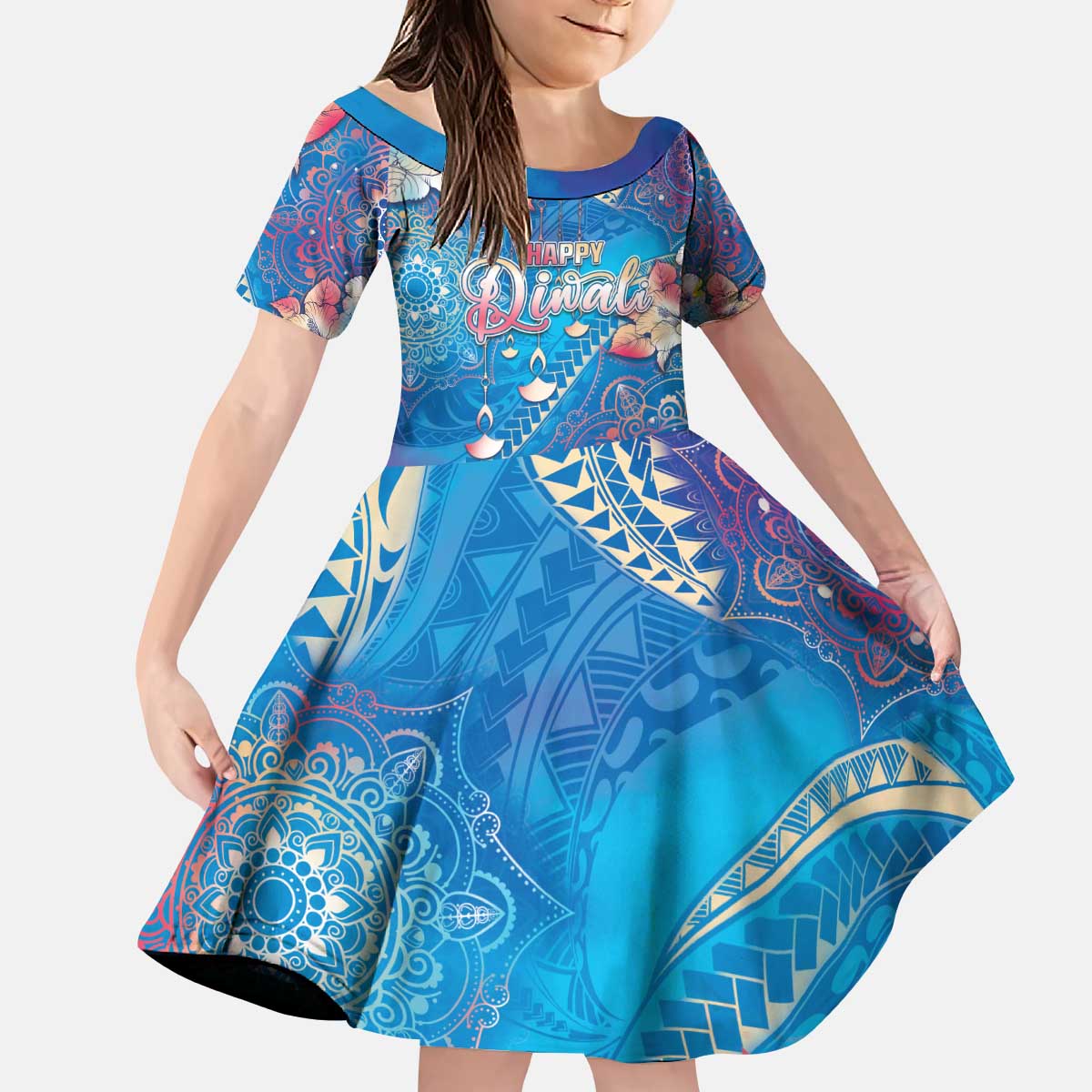 Happy Diwali Festival Family Matching Puletasi and Hawaiian Shirt Diya Lamp Rangoli With Polynesian Pattern LT05 Daughter's Dress Blue - Polynesian Pride