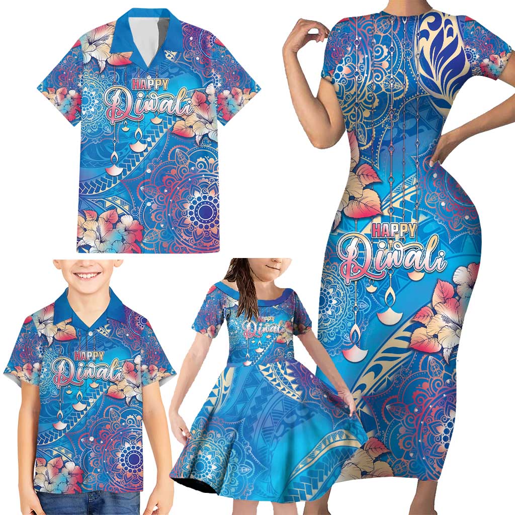 Happy Diwali Festival Family Matching Short Sleeve Bodycon Dress and Hawaiian Shirt Diya Lamp Rangoli With Polynesian Pattern