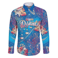 Happy Diwali Festival Family Matching Short Sleeve Bodycon Dress and Hawaiian Shirt Diya Lamp Rangoli With Polynesian Pattern LT05 Dad's Shirt - Long Sleeve Blue - Polynesian Pride