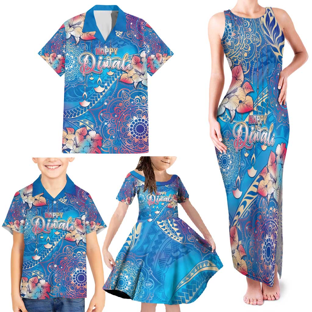 Happy Diwali Festival Family Matching Tank Maxi Dress and Hawaiian Shirt Diya Lamp Rangoli With Polynesian Pattern LT05 - Polynesian Pride