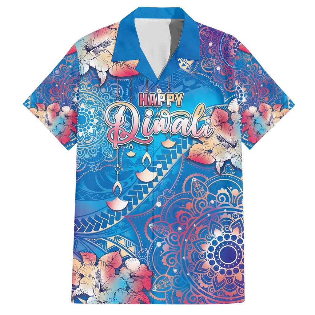 Happy Diwali Festival Hawaiian Shirt Diya Lamp Rangoli With Polynesian Pattern LT05 Blue - Polynesian Pride