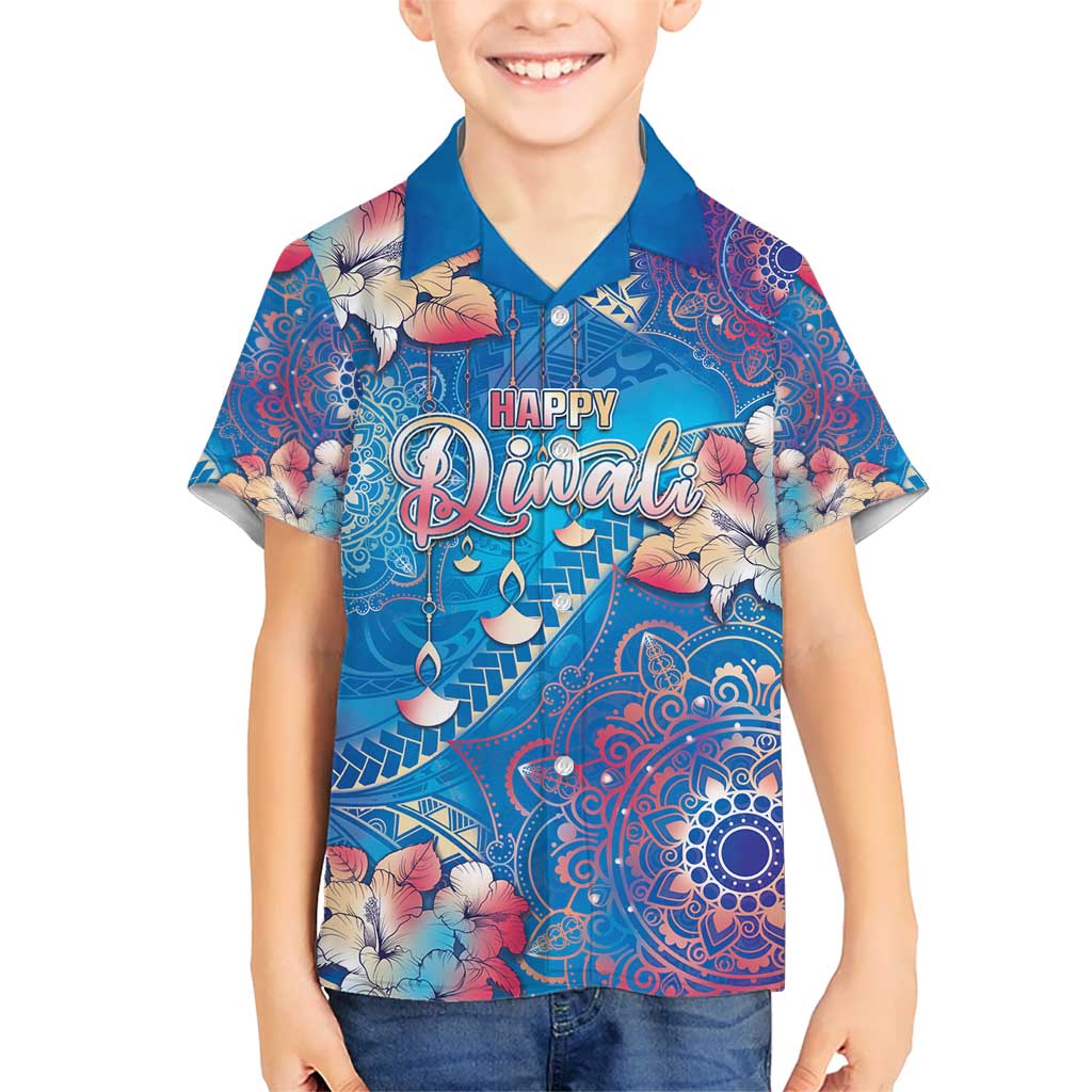 Happy Diwali Festival Kid Hawaiian Shirt Diya Lamp Rangoli With Polynesian Pattern