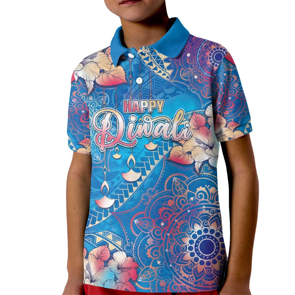 Happy Diwali Festival Kid Polo Shirt Diya Lamp Rangoli With Polynesian Pattern