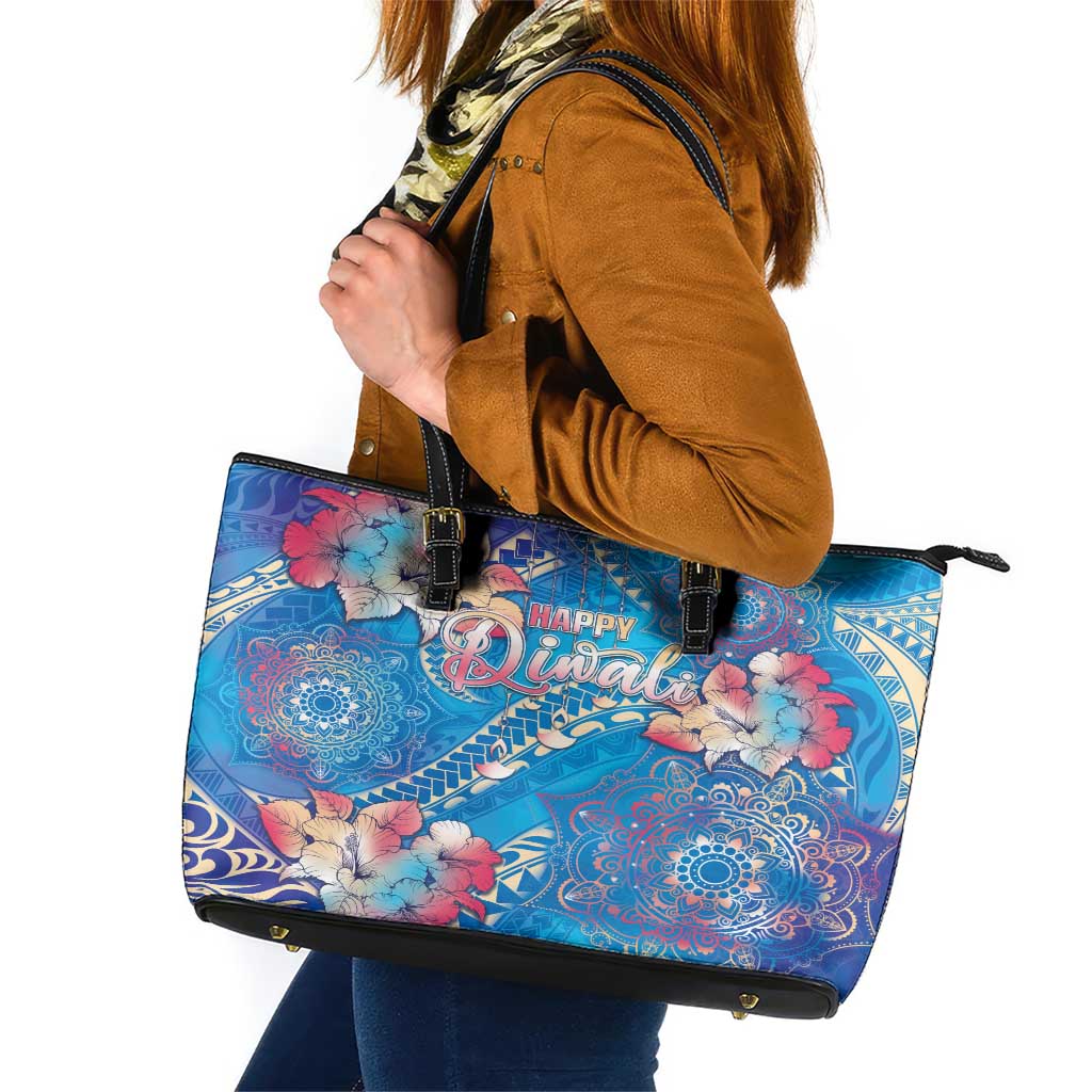 Happy Diwali Festival Leather Tote Bag Diya Lamp Rangoli With Polynesian Pattern LT05 Blue - Polynesian Pride