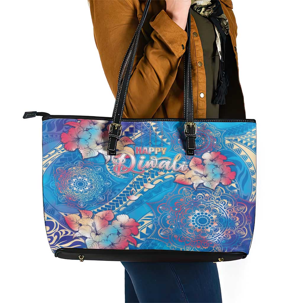 Happy Diwali Festival Leather Tote Bag Diya Lamp Rangoli With Polynesian Pattern LT05 - Polynesian Pride
