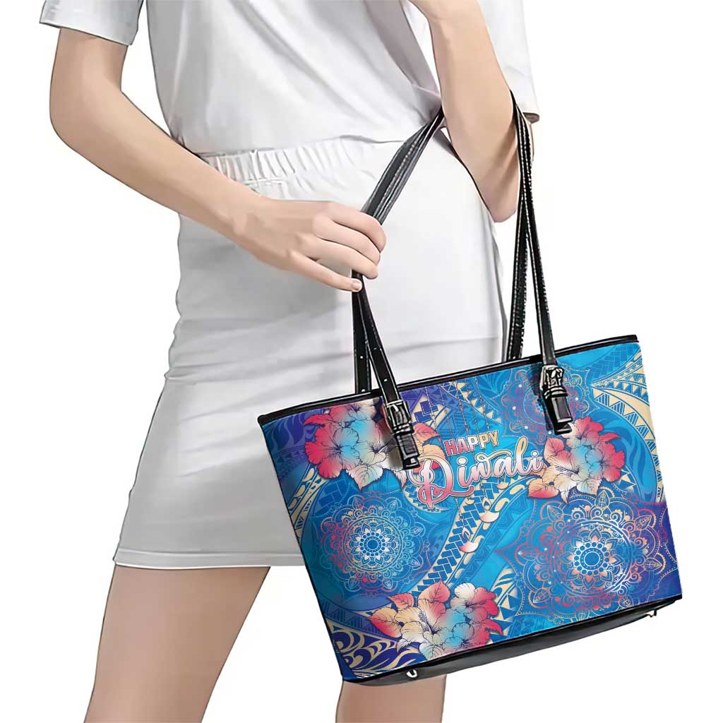 Happy Diwali Festival Leather Tote Bag Diya Lamp Rangoli With Polynesian Pattern LT05 - Polynesian Pride