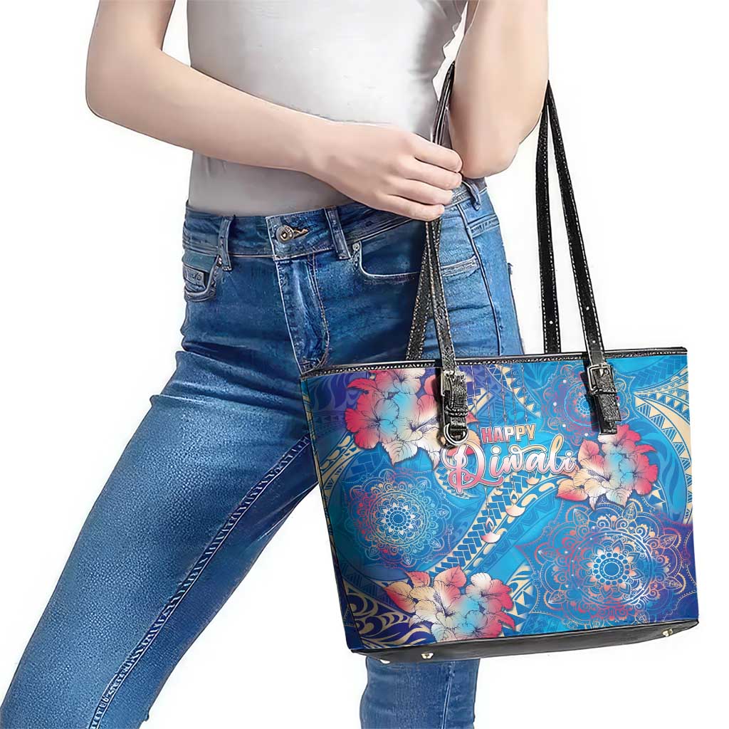 Happy Diwali Festival Leather Tote Bag Diya Lamp Rangoli With Polynesian Pattern LT05 - Polynesian Pride