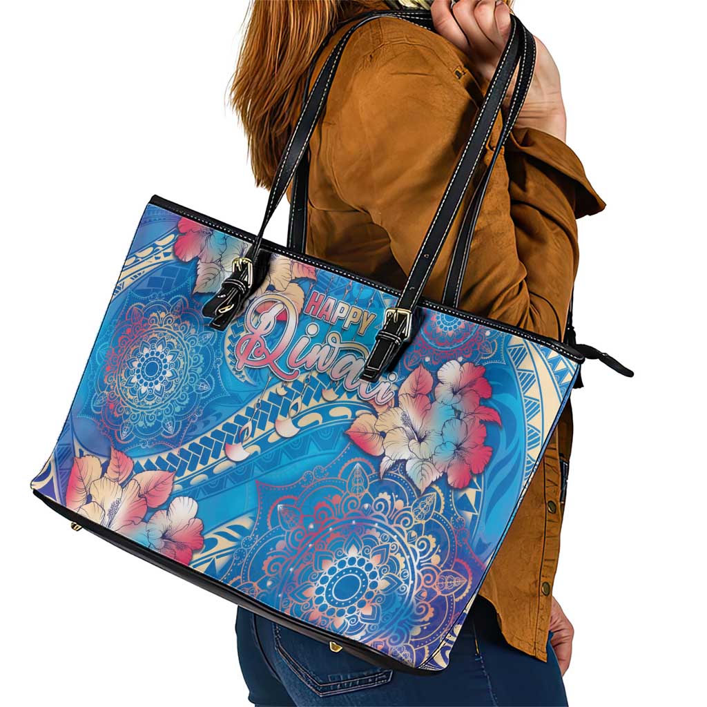 Happy Diwali Festival Leather Tote Bag Diya Lamp Rangoli With Polynesian Pattern LT05 - Polynesian Pride