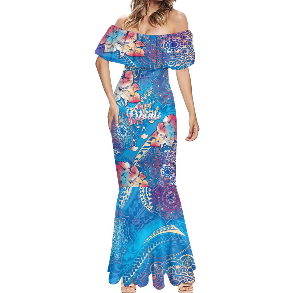 Happy Diwali Festival Mermaid Dress Diya Lamp Rangoli With Polynesian Pattern