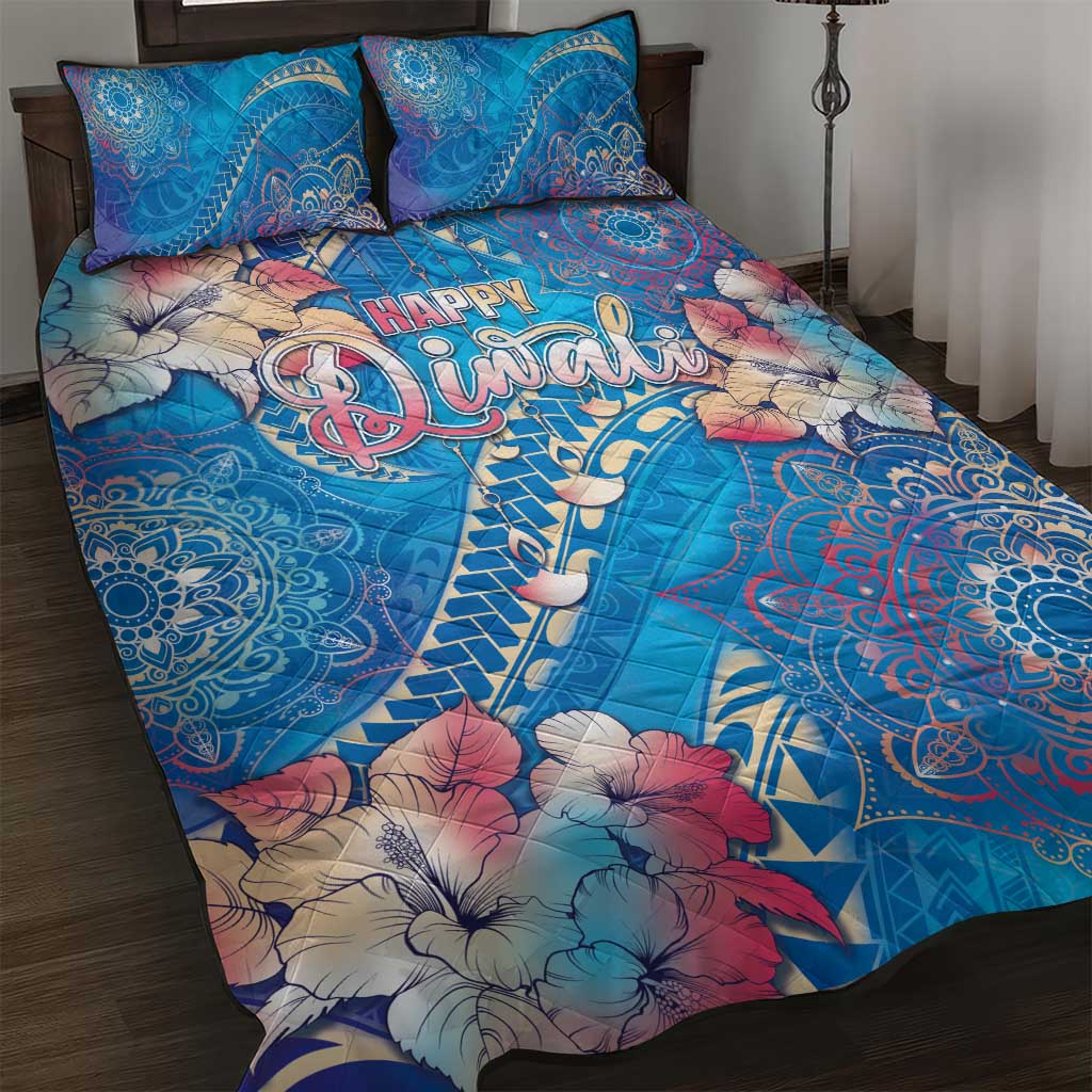 Happy Diwali Festival Quilt Bed Set Diya Lamp Rangoli With Polynesian Pattern