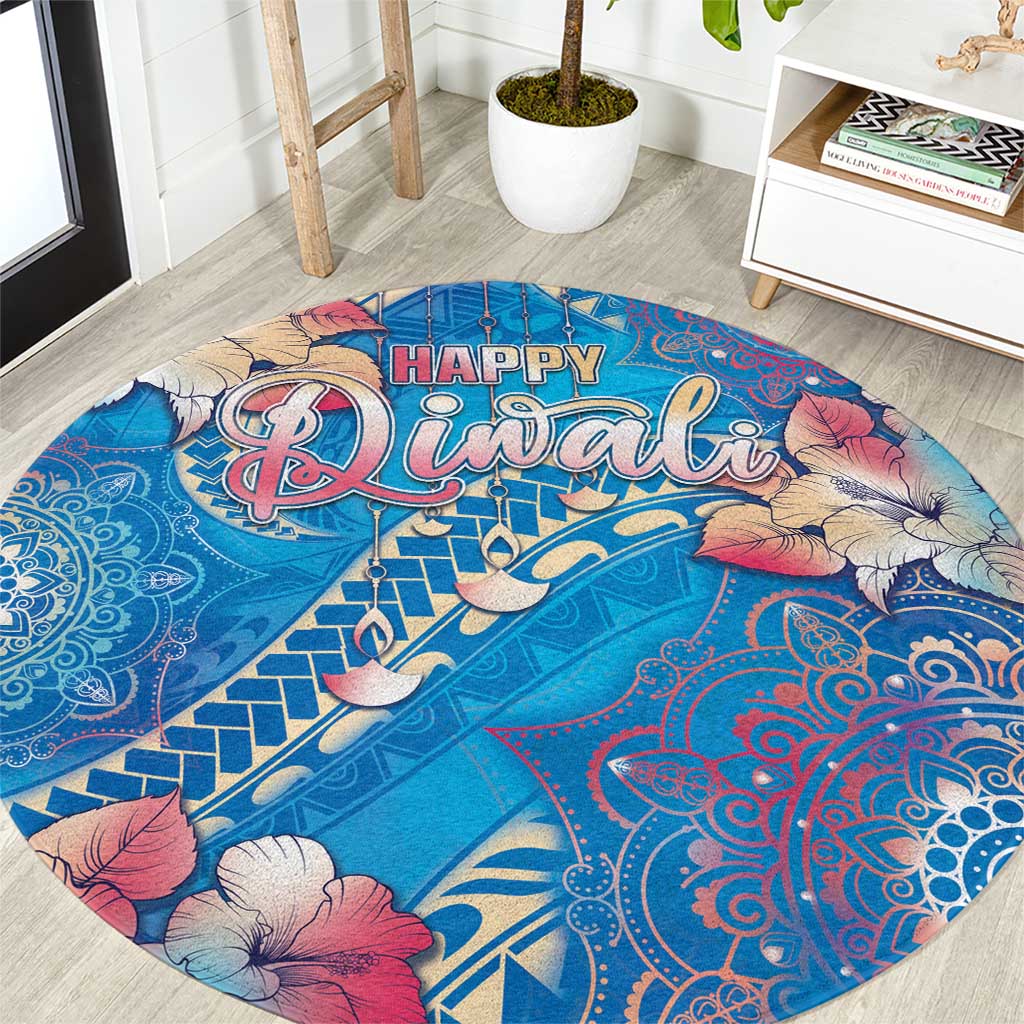 Happy Diwali Festival Round Carpet Diya Lamp Rangoli With Polynesian Pattern