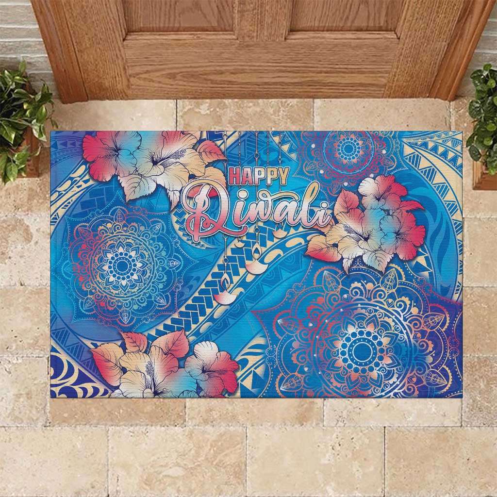Happy Diwali Festival Rubber Doormat Diya Lamp Rangoli With Polynesian Pattern