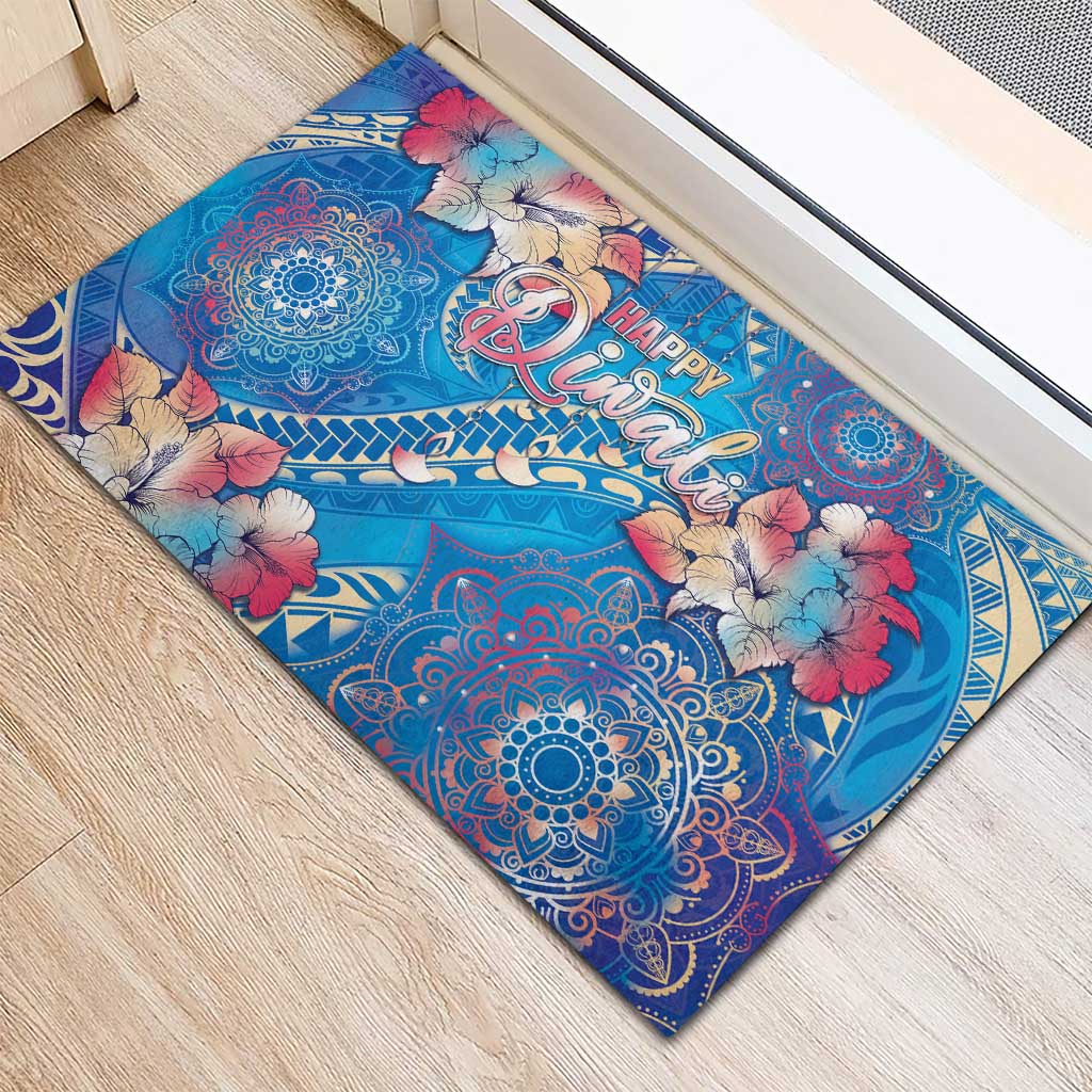 Happy Diwali Festival Rubber Doormat Diya Lamp Rangoli With Polynesian Pattern