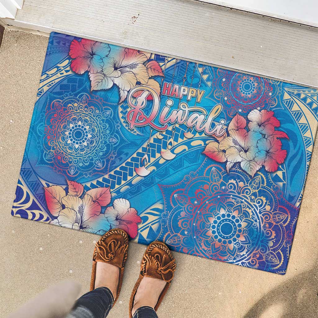 Happy Diwali Festival Rubber Doormat Diya Lamp Rangoli With Polynesian Pattern