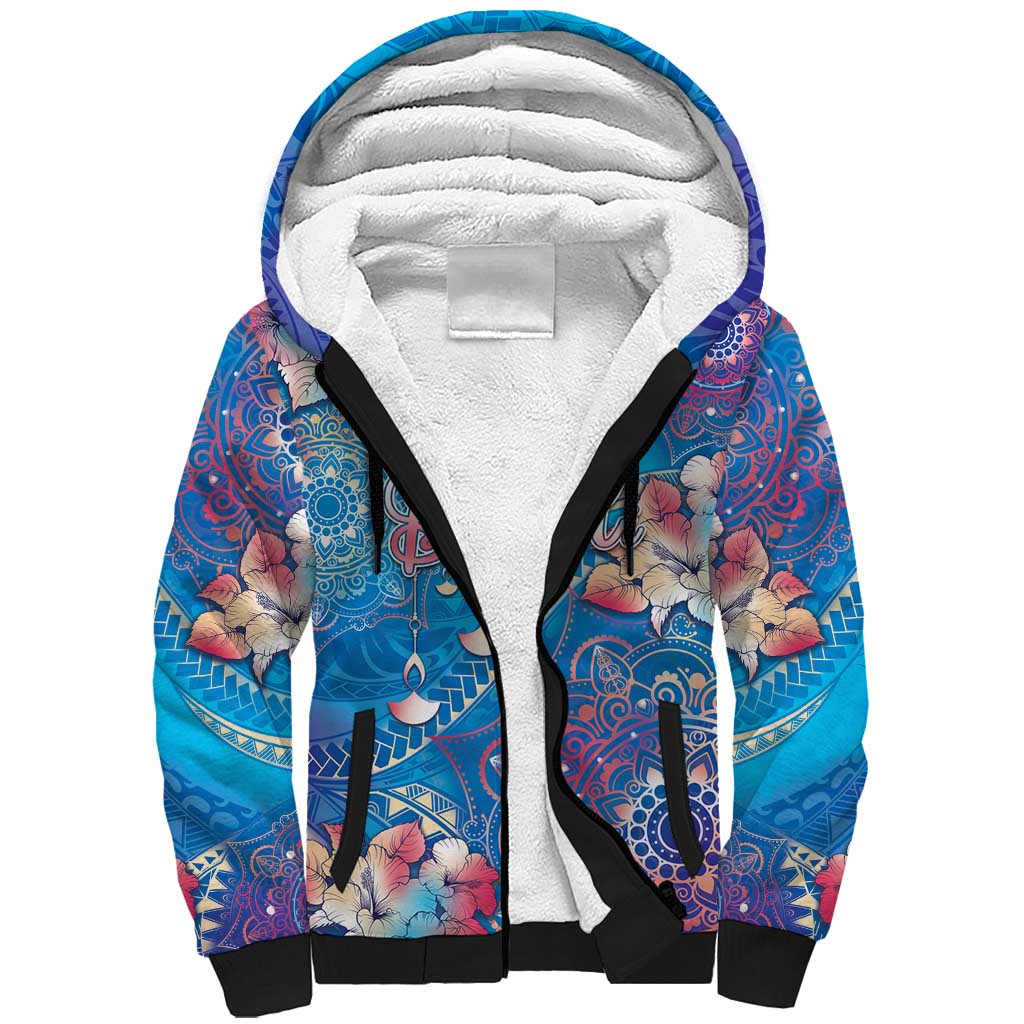 Happy Diwali Festival Sherpa Hoodie Diya Lamp Rangoli With Polynesian Pattern LT05 Unisex Blue - Polynesian Pride