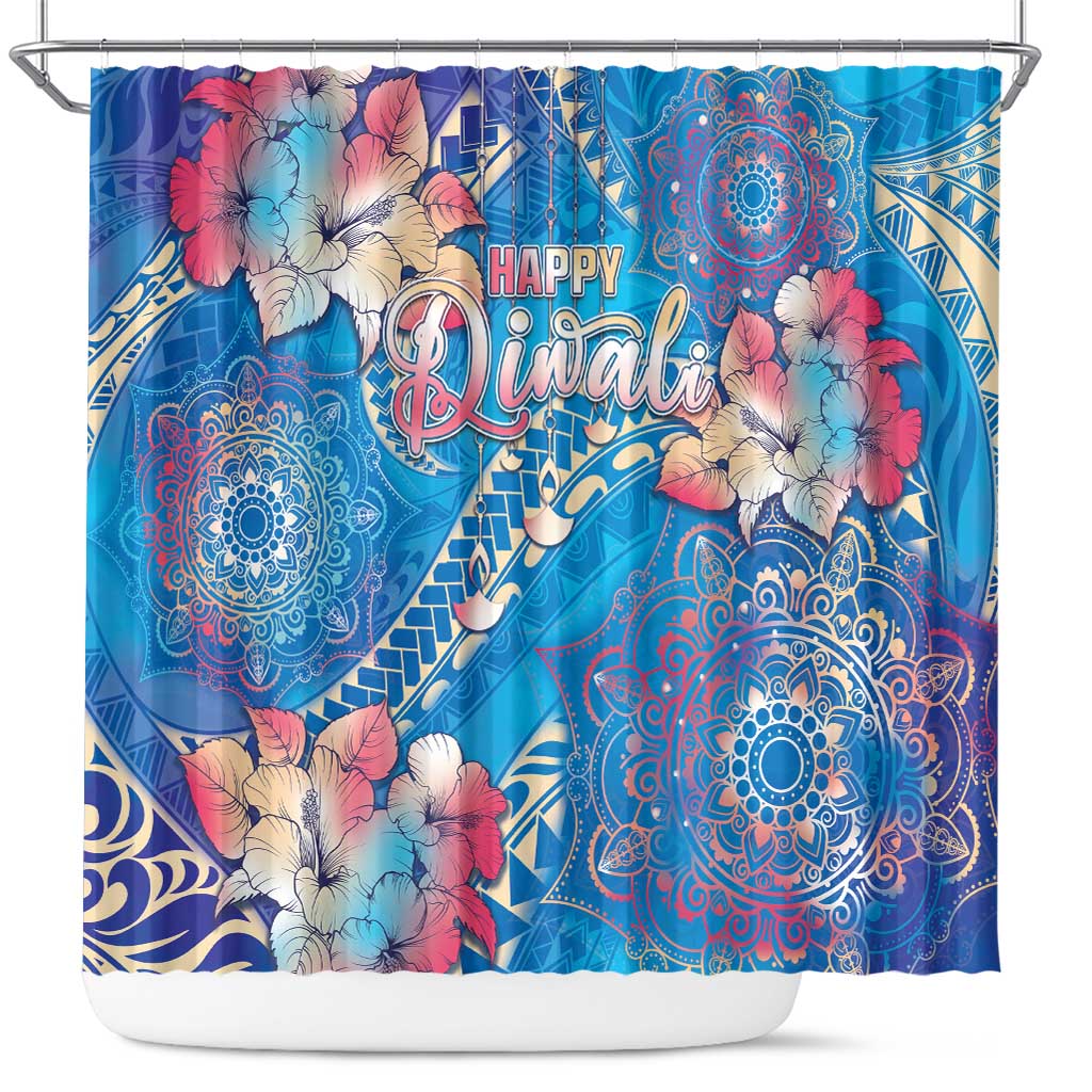 Happy Diwali Festival Shower Curtain Diya Lamp Rangoli With Polynesian Pattern