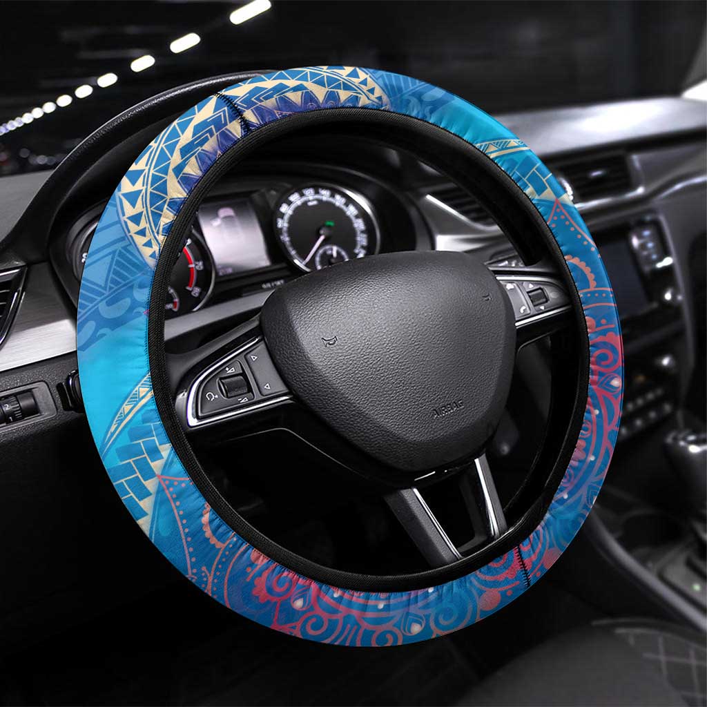 Happy Diwali Festival Steering Wheel Cover Diya Lamp Rangoli With Polynesian Pattern LT05 Universal Fit Blue - Polynesian Pride