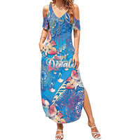 Happy Diwali Festival Summer Maxi Dress Diya Lamp Rangoli With Polynesian Pattern LT05 Women Blue - Polynesian Pride