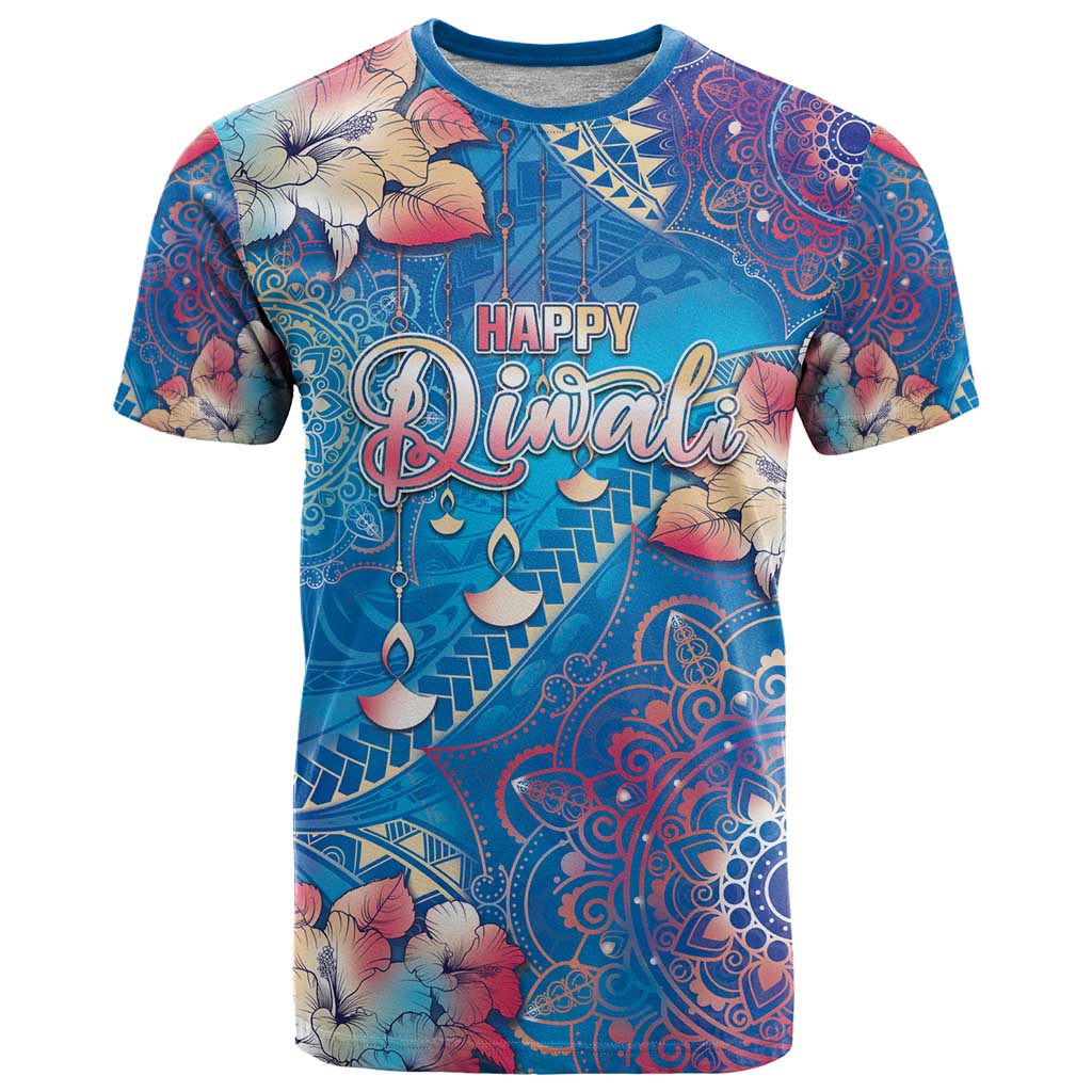 Happy Diwali Festival T Shirt Diya Lamp Rangoli With Polynesian Pattern LT05 Blue - Polynesian Pride
