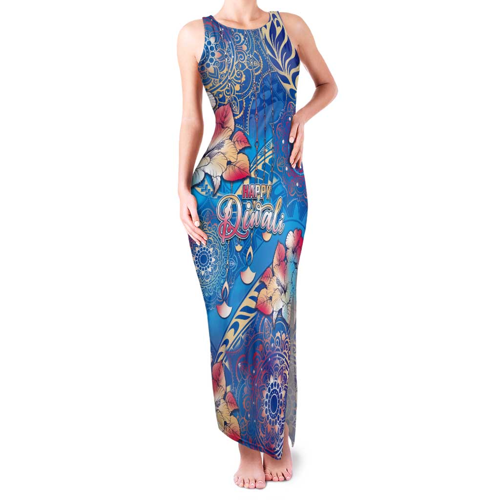 Happy Diwali Festival Tank Maxi Dress Diya Lamp Rangoli With Polynesian Pattern LT05 Women Blue - Polynesian Pride