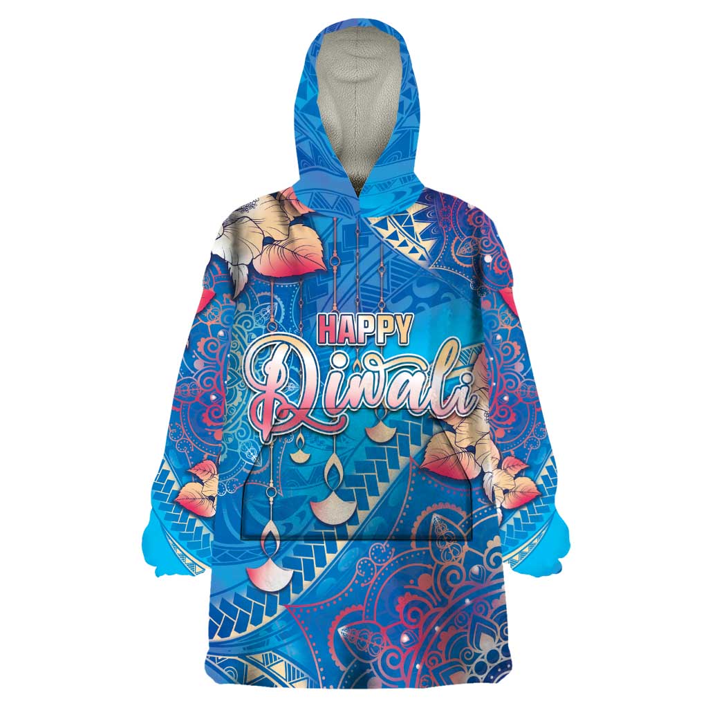 Happy Diwali Festival Wearable Blanket Hoodie Diya Lamp Rangoli With Polynesian Pattern LT05 One Size Blue - Polynesian Pride