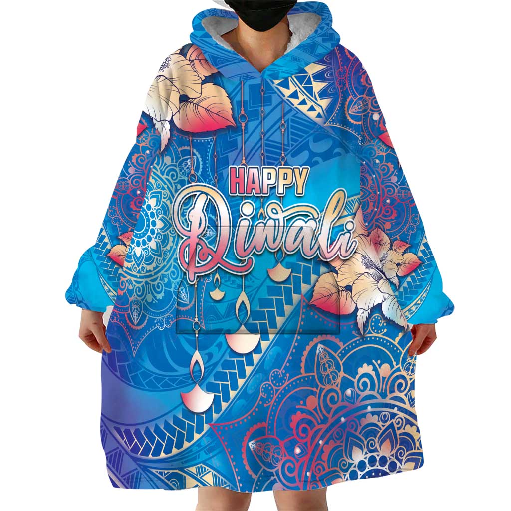Happy Diwali Festival Wearable Blanket Hoodie Diya Lamp Rangoli With Polynesian Pattern LT05 - Polynesian Pride