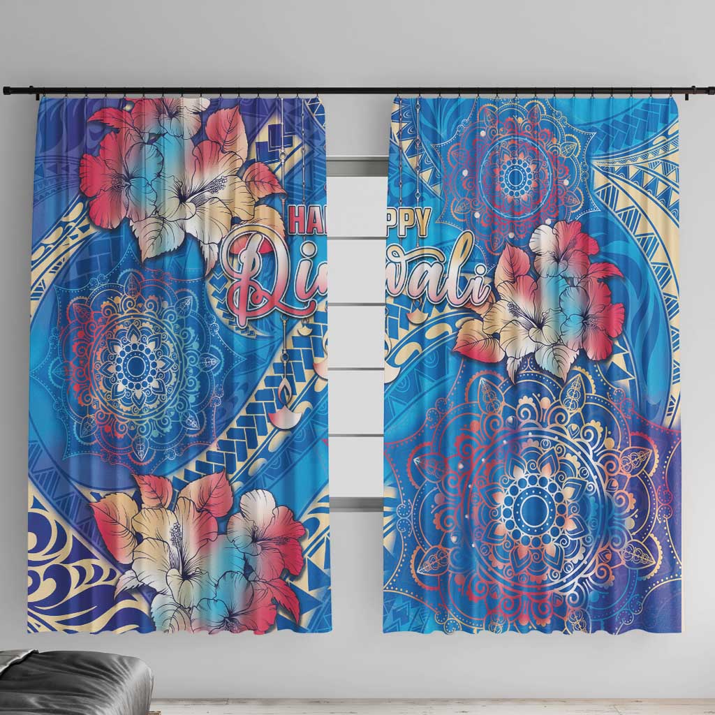 Happy Diwali Festival Window Curtain Diya Lamp Rangoli With Polynesian Pattern LT05 With Hooks Blue - Polynesian Pride