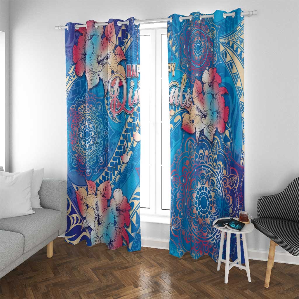 Happy Diwali Festival Window Curtain Diya Lamp Rangoli With Polynesian Pattern LT05 With Grommets Blue - Polynesian Pride