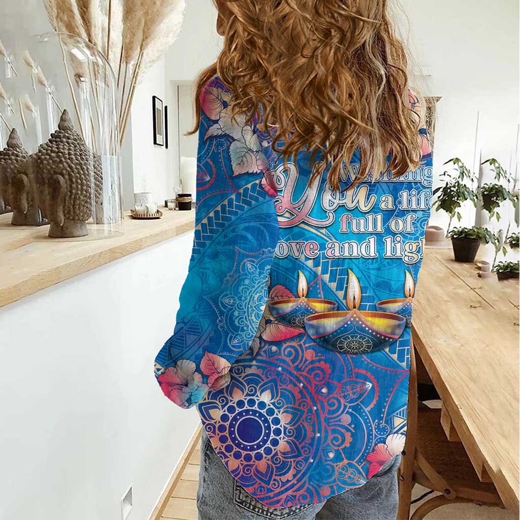 Happy Diwali Festival Women Casual Shirt Diya Lamp Rangoli With Polynesian Pattern