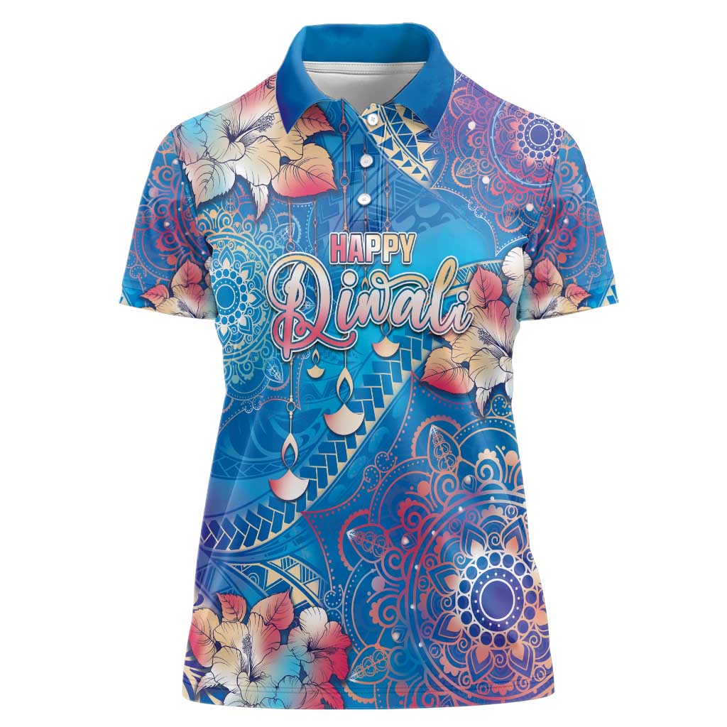 Happy Diwali Festival Women Polo Shirt Diya Lamp Rangoli With Polynesian Pattern