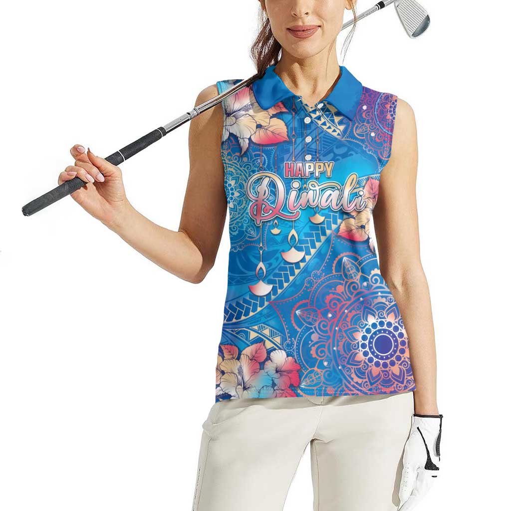 Happy Diwali Festival Women Sleeveless Polo Shirt Diya Lamp Rangoli With Polynesian Pattern