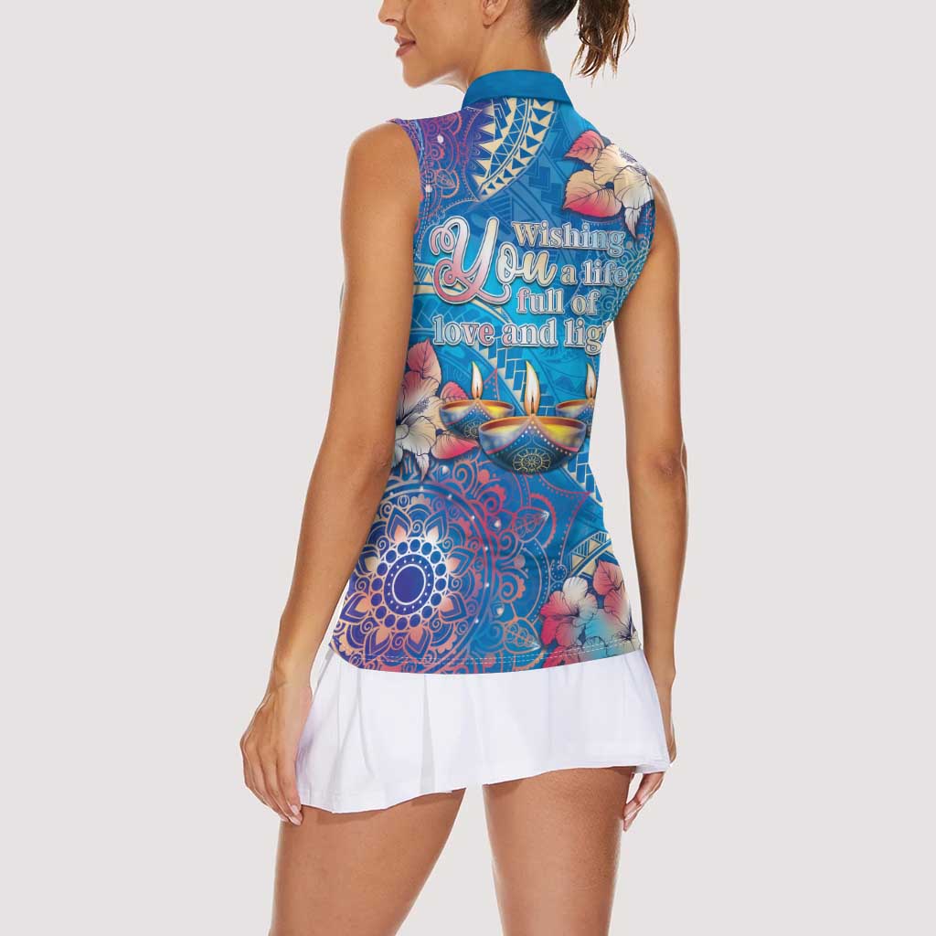 Happy Diwali Festival Women Sleeveless Polo Shirt Diya Lamp Rangoli With Polynesian Pattern