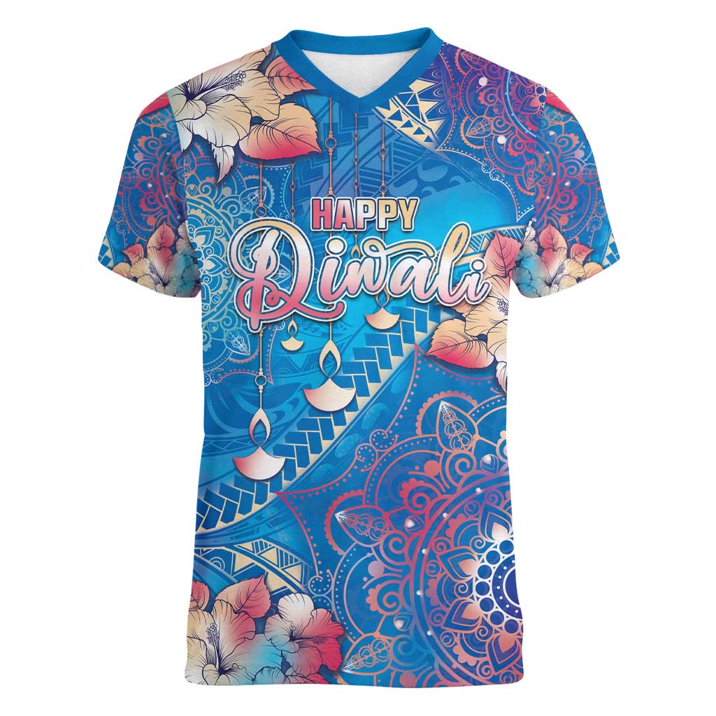 Happy Diwali Festival Women V-Neck T-Shirt Diya Lamp Rangoli With Polynesian Pattern LT05 Female Blue - Polynesian Pride