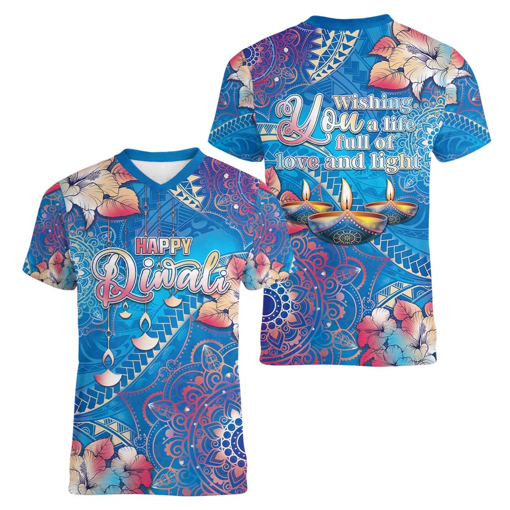 Happy Diwali Festival Women V-Neck T-Shirt Diya Lamp Rangoli With Polynesian Pattern LT05 - Polynesian Pride