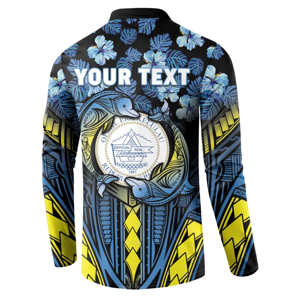 Personalised Palau Button Sweatshirt Polynesian Dolphin Tropical Hibiscus Style