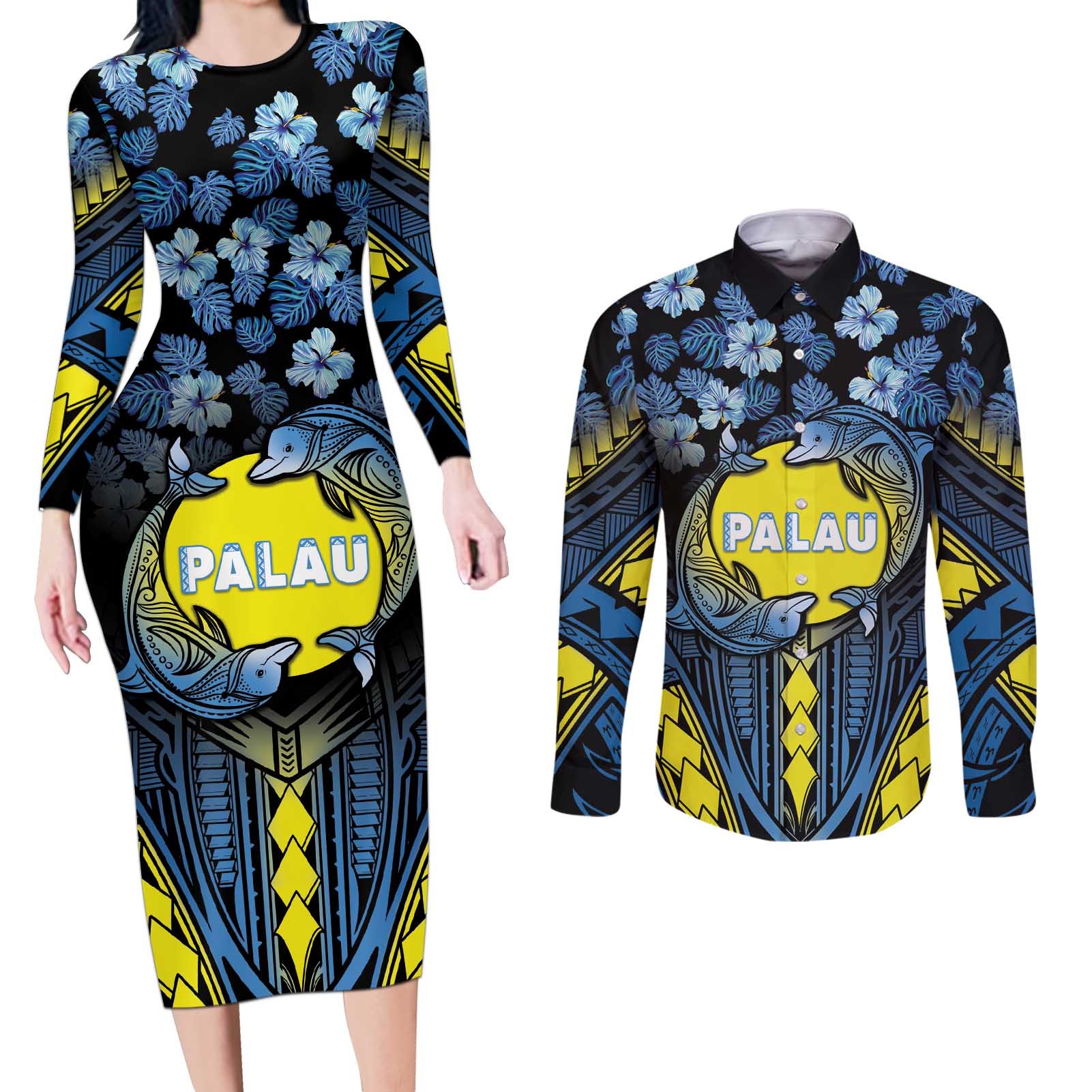 Personalised Palau Couples Matching Long Sleeve Bodycon Dress and Long Sleeve Button Shirt Polynesian Dolphin Tropical Hibiscus Style