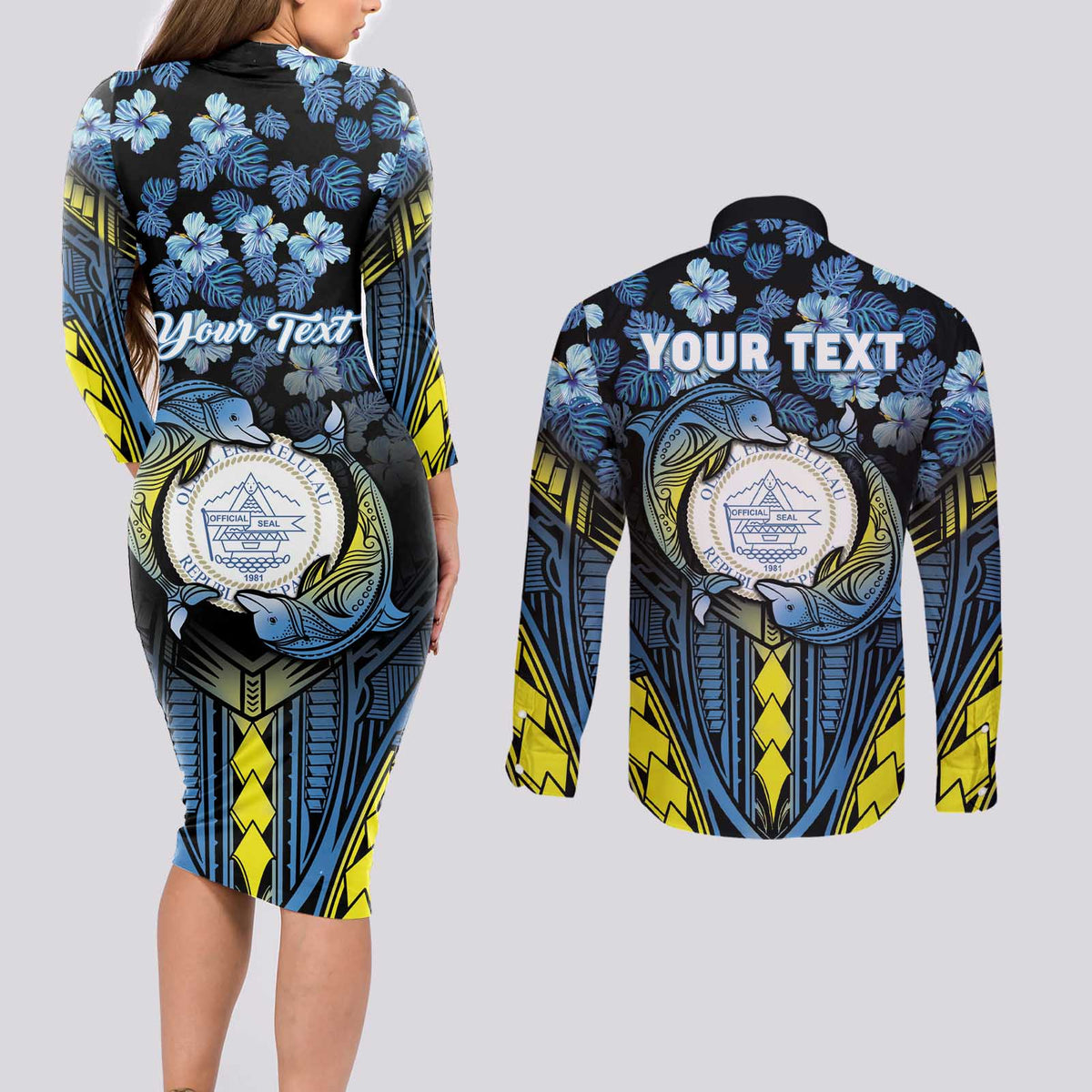 Personalised Palau Couples Matching Long Sleeve Bodycon Dress and Long Sleeve Button Shirt Polynesian Dolphin Tropical Hibiscus Style