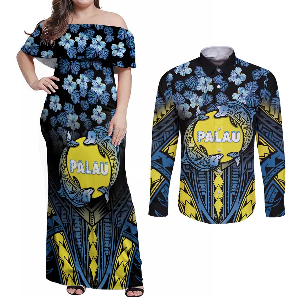 Personalised Palau Couples Matching Off Shoulder Maxi Dress and Long Sleeve Button Shirt Polynesian Dolphin Tropical Hibiscus Style