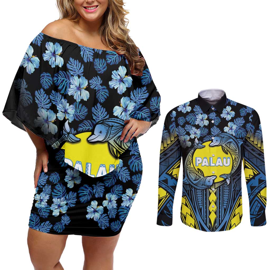 Personalised Palau Couples Matching Off Shoulder Short Dress and Long Sleeve Button Shirt Polynesian Dolphin Tropical Hibiscus Style