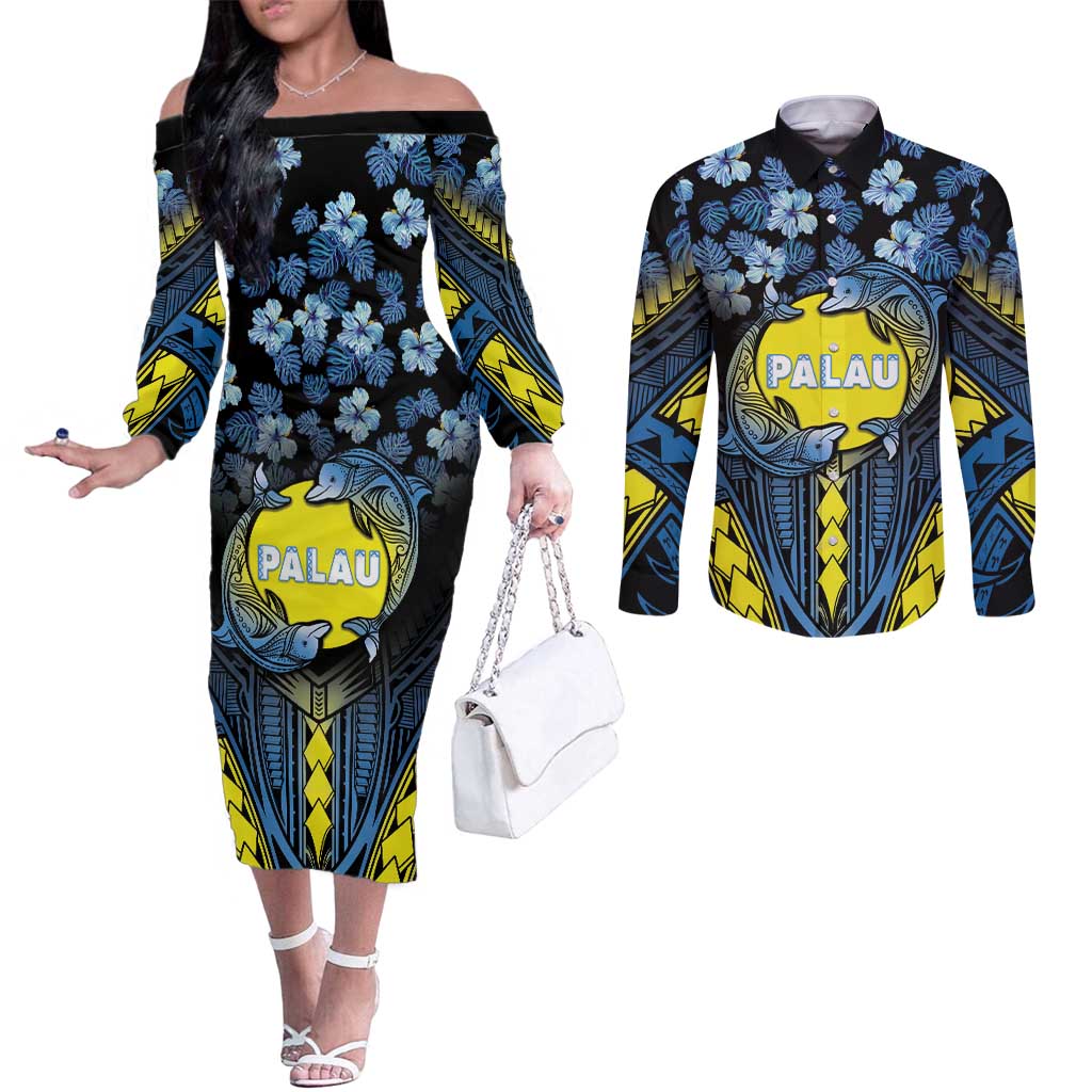 Personalised Palau Couples Matching Off The Shoulder Long Sleeve Dress and Long Sleeve Button Shirt Polynesian Dolphin Tropical Hibiscus Style