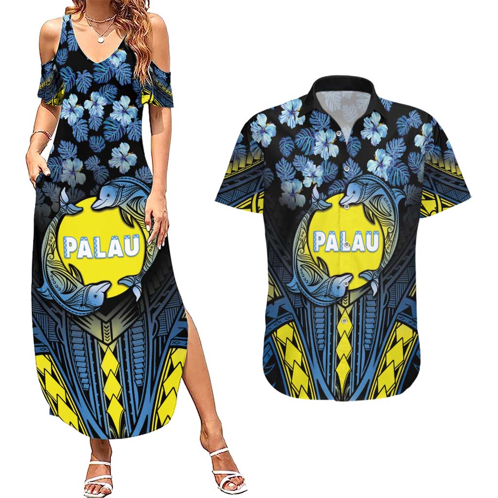 Personalised Palau Couples Matching Summer Maxi Dress and Hawaiian Shirt Polynesian Dolphin Tropical Hibiscus Style