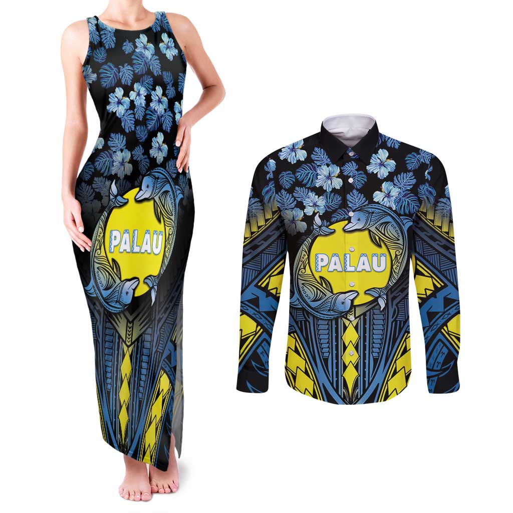 Personalised Palau Couples Matching Tank Maxi Dress and Long Sleeve Button Shirt Polynesian Dolphin Tropical Hibiscus Style