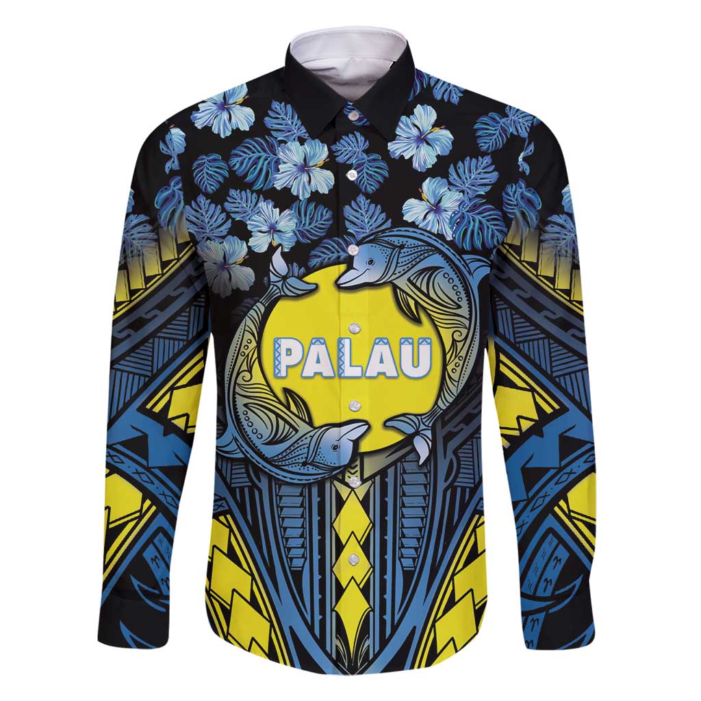 Personalised Palau Family Matching Long Sleeve Bodycon Dress and Hawaiian Shirt Polynesian Dolphin Tropical Hibiscus Style