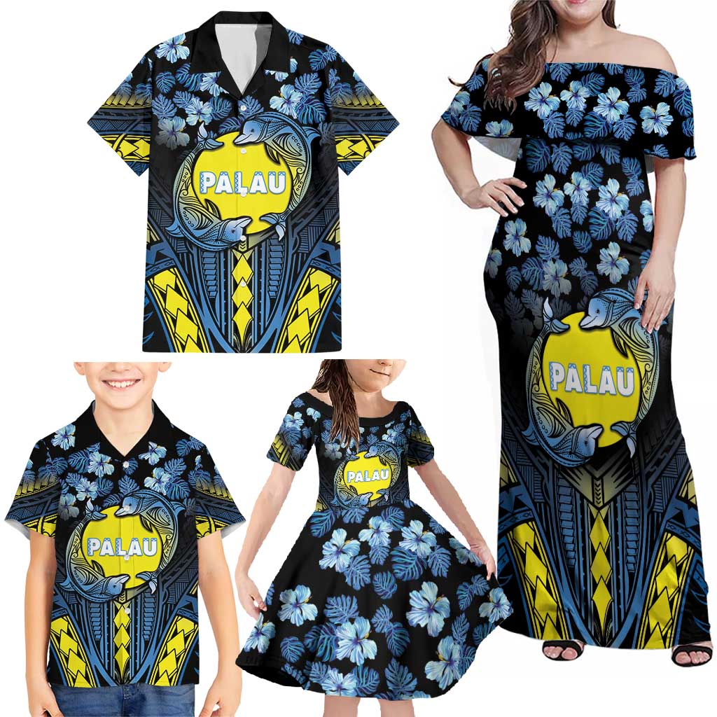 Personalised Palau Family Matching Off Shoulder Maxi Dress and Hawaiian Shirt Polynesian Dolphin Tropical Hibiscus Style